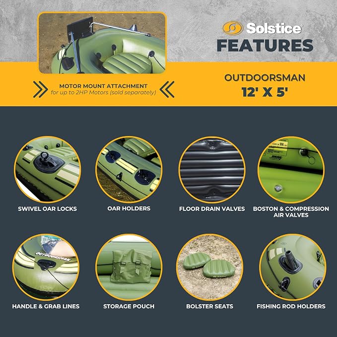 SOLSTICE Inflatable Boat for Lakes, Rivers & Beaches – Heavy-Duty Raft with Swivel Oar Locks, Rod Holders & Inflatable Seats – Outdoorsman, Fishing, 6-Person, Green, 12'
