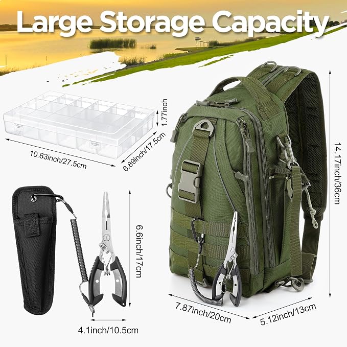 RoundFunny 85 Pcs Fishing Backpack with Tackle Boxes, Tackle Sling Bag with Rod Holder, Fish Lures and Pliers, Fish Tools Gears & Equipment Father's Day Fishing Gift for Dad Men