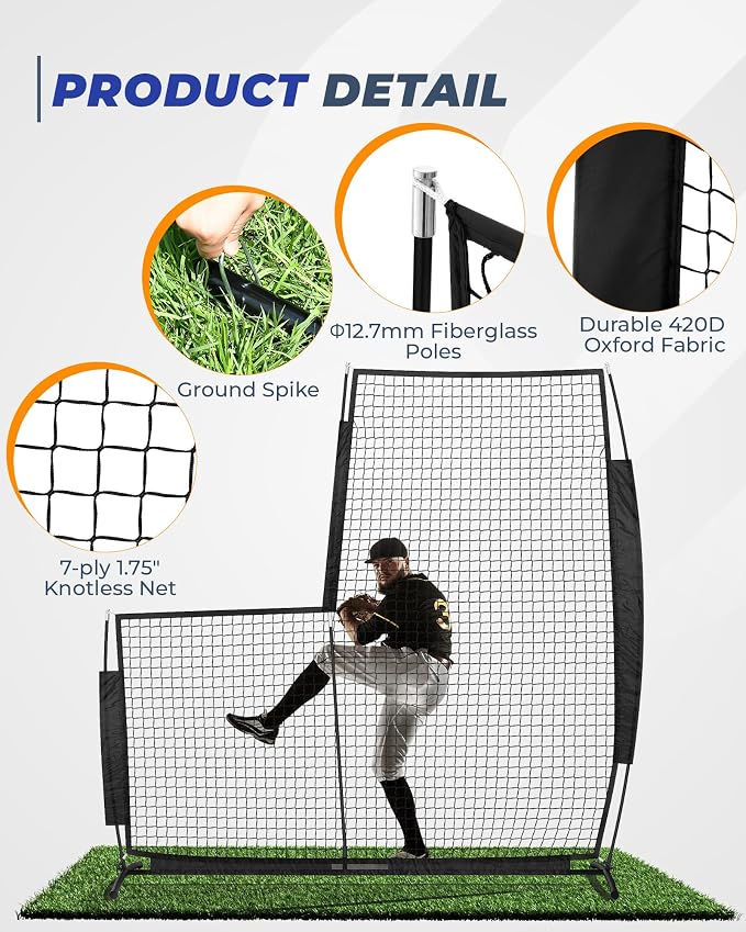 Baseball L Screen for Batting Cage, 7x7ft Pitcher Protector Net for Pitchers Protection, Includes Portable Carry Bag, 4 Ground Stakes
