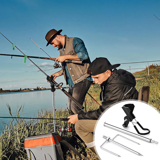 Lounsweer 4 Pcs Fishing Rod Holders 360 ° Adjustable Fishing Pole Holders Multifunctional Stainless Steel Ground Fish Rod Pole Brackets for Detachable Fish Equipment Lakes Rivers Gifts Men