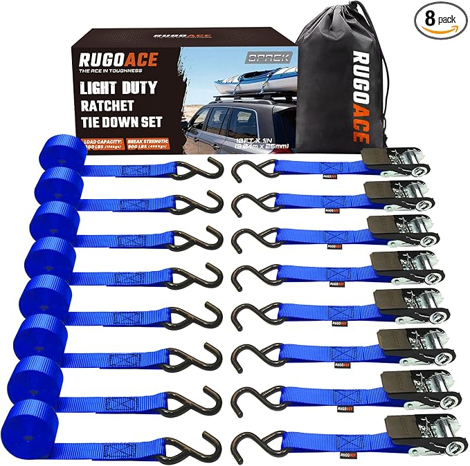 8PK Ratchet Tie Down Straps 1" x 10ft, 300lbs Load Capacity, 900lbs Break Strength, Durable for Moving Appliances, Lawn Equipment, Motorcycles, Cargo Trucks, Trailers & More (Blue)