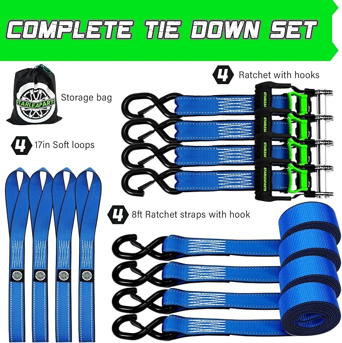 Motorcycle Tie Down Strap (4PK 1.5INX8FT) - 5,250lb Break Strength, Ratchet Straps Heavy Duty, Soft Loop Ratchet Straps for Moving Appliances, Lawn Equipment, Cargo Straps for Trucks