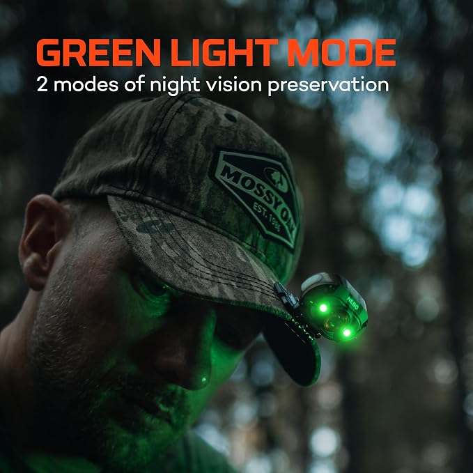 NEBO MYCRO 450 Headlamp | 450 Lumens, 6 Light Modes, White Red & Green Light, USB Rechargeable, Water Resistant, Adjustable Strap, Cap Light, Bright Light for Camping & Hiking – Mossy Oak Bottomland