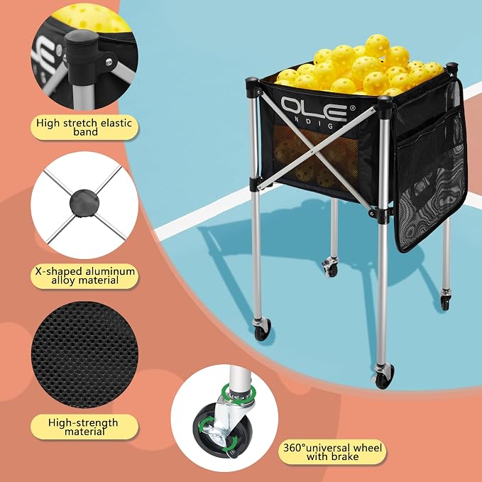 Pickleball Cart with Wheels, Foldable Tennis Ball Hopper Holds 180 Pickleballs or 210 Tennis Balls, Portable Ball Caddy with Side Storage Bag for Pickleball Training
