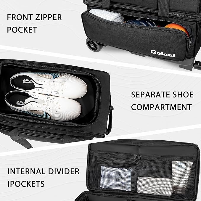 Goloni Double Roller 2 Ball Bowling Bag with Separate Shoe Compartment,2 Ball Bowling Bag with Wheels,Retractable Handle Extends to 40"