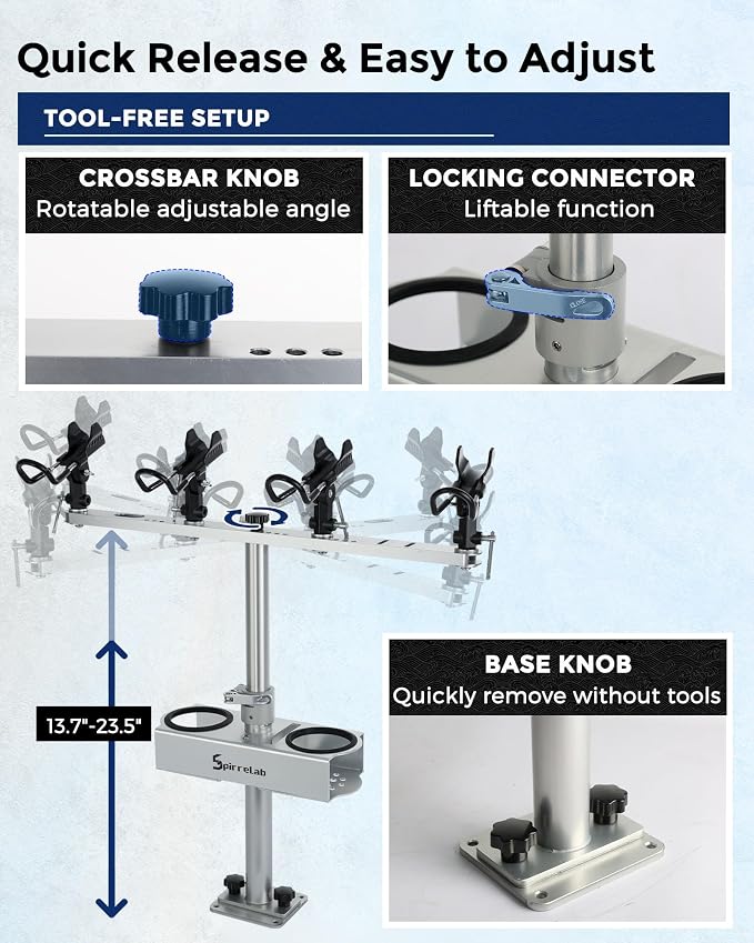 Spider Fishing Rod Holders for Boat, Aluminum Crappie Fishing Pole Mount, Adjustable Height & Angle, Boat Rod Rack for Spider Rigging