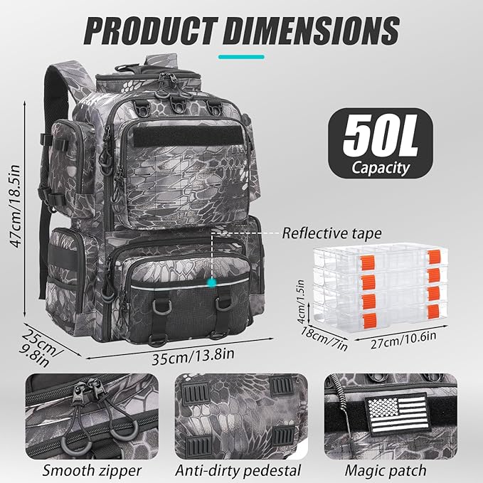Tactical Fishing Backpack with Tackle Boxes, Rod Holders & Bottle Holder, 50 L Large Tackle Box Backpack with Cooler, Fishing Tackle Bag Store Gear & Equipment, 900 D Oxford, Camouflage Black