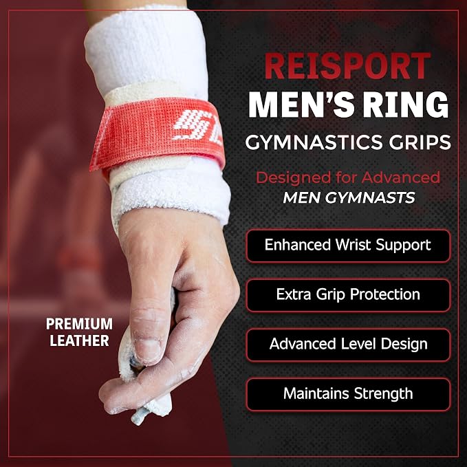 Reisport Men's Ring Gymnastics Grips - Durable Leather Hand Grips for Gymnastics Rings Men & Boys - Gymnastics Equipment & Accessories for Advanced Gymnasts