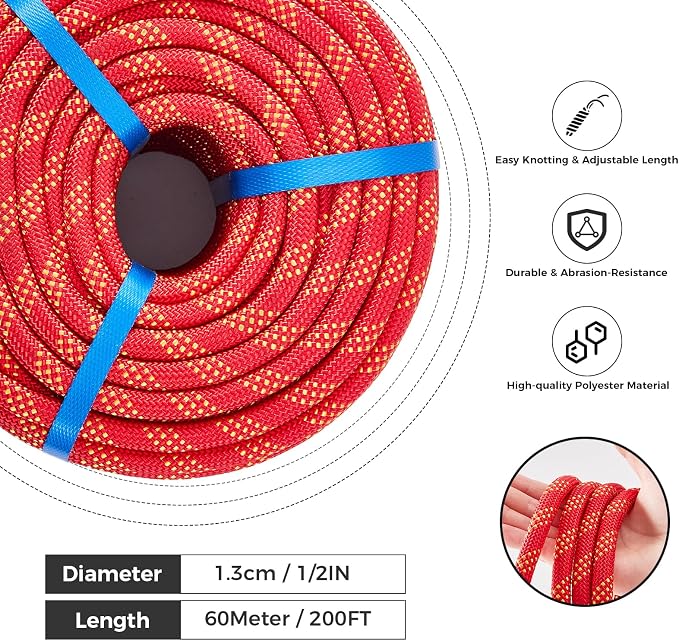 1/2 Inch 200ft Double Braided Polyester Arborist Rope, Heavy Duty Nylon Rope for Anchor, Tree Work, Cargo, Pulling, Sailing(Red)