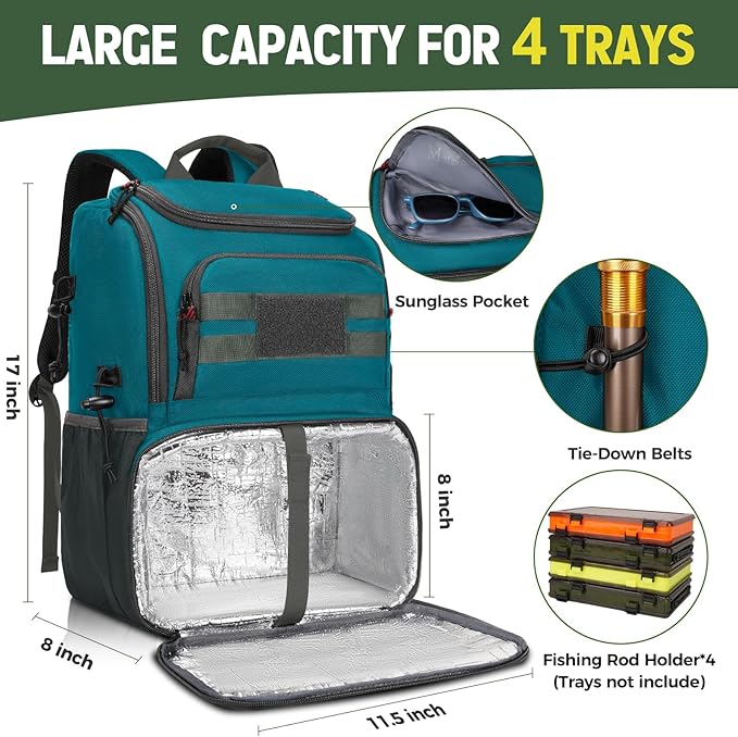 MATEIN Fishing Backpack Tackle Box, Water Resistant Tackle Backpack with Cooler & Rod Holders, Fishing Gifts for Men