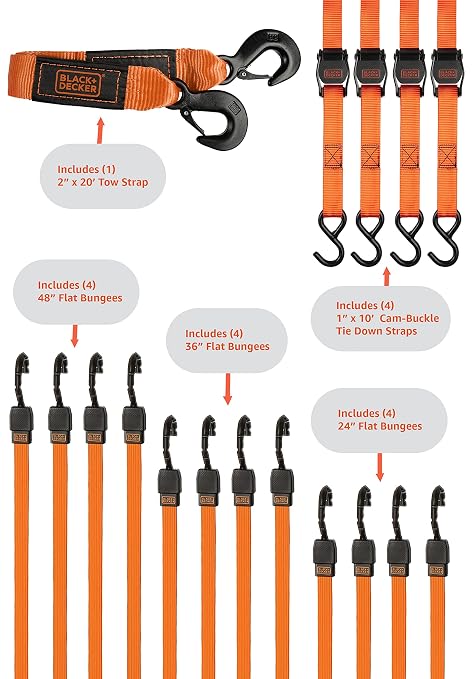 BLACK+DECKER 17-Piece Tow & Secure Tie Down Kit | 2" x 20' x 9,000 lbs Recovery Tow Strap with Clip Hooks, 1" x 10' Deluxe Cam-Buckle Straps, 24", 36", 48" Flat Bungee Straps