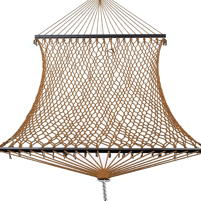 GAFETE 12ft Family Hammocks, Handwoven Traditional Cotton Rope Hammock with Hardwood Spreader Bar, Chains and Hooks for Indoor Outdoor, Max 450 lbs Capacity (Coffee Brown, Large)