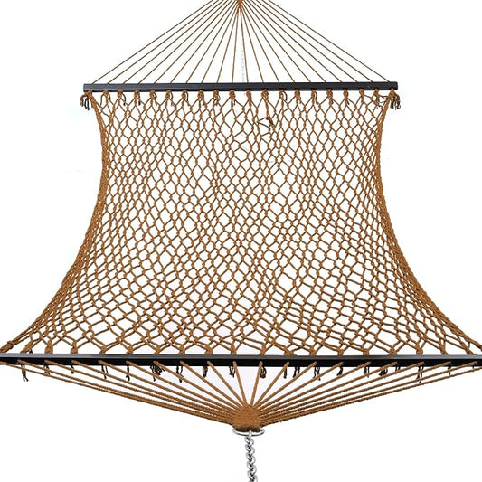 GAFETE 12ft Family Hammocks, Handwoven Traditional Cotton Rope Hammock with Hardwood Spreader Bar, Chains and Hooks for Indoor Outdoor, Max 450 lbs Capacity (Coffee Brown, Large)