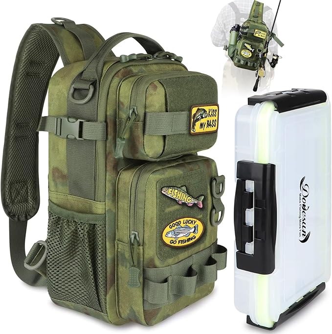 Dovesun Small Fishing Backpack with Tackle Boxes Fishing Sling Bag DIY Embroidery Patches Tackle Bag Gift for Men Green