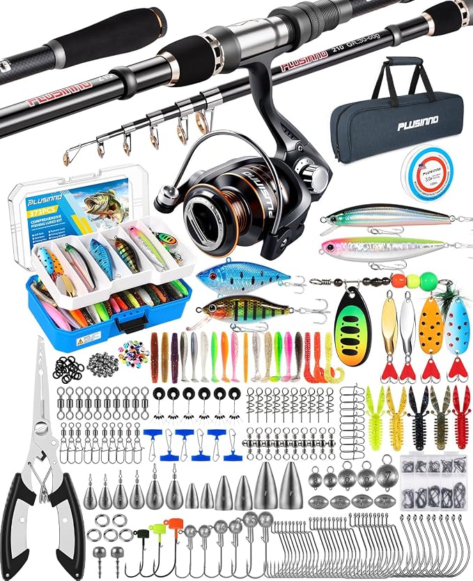 PLUSINNO Fishing Rod and Reel Combo Pole Gear Kit Telescopic Beginner | Portable All-in-One Fishing Equipment, with Freshwater Bass Trout Lures Kit Floating Net, with Carrying Case, Gifts for Men