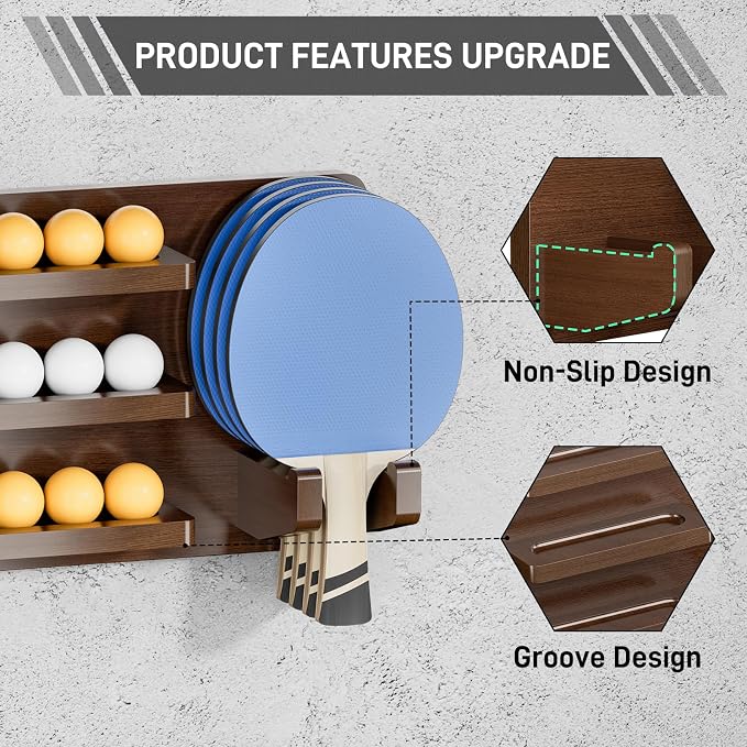 Ping Pong Paddle Holder for 8 Paddles and 12 Ball Storage, Wooden Table Tennis Racket Display Wall Mount Storage Rack, Ping Pong Accessories Organizer in Game Room,Man,Cave,Office,Home, Brown