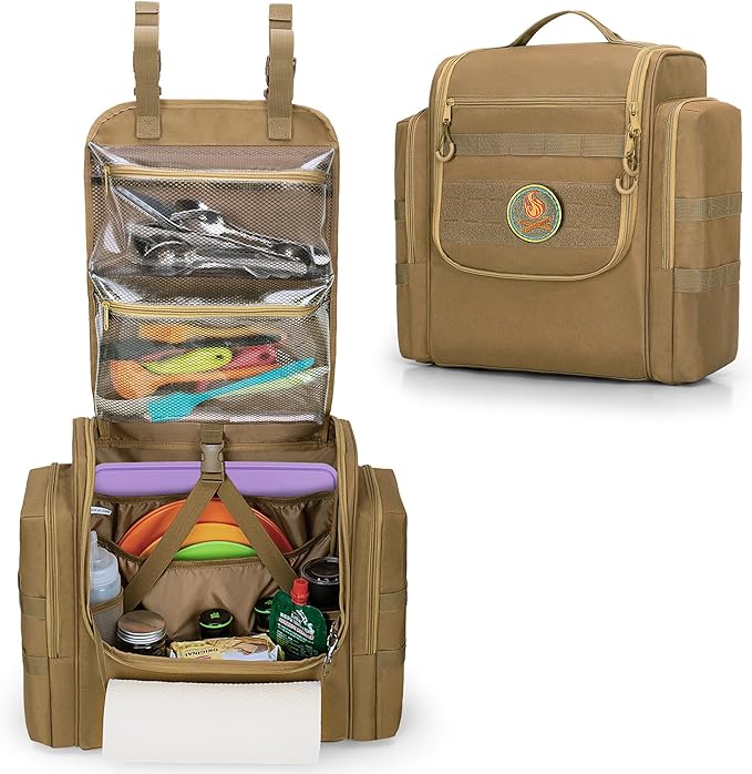 HODRANT Large Tactical Camping Kitchen Organizer, Hanging Cookware Storage Bag with Paper Towel Holder & Multi Pockets, Portable Camp Utensil Organizer for BBQ Cooking Essentials, Khaki, Bag Only