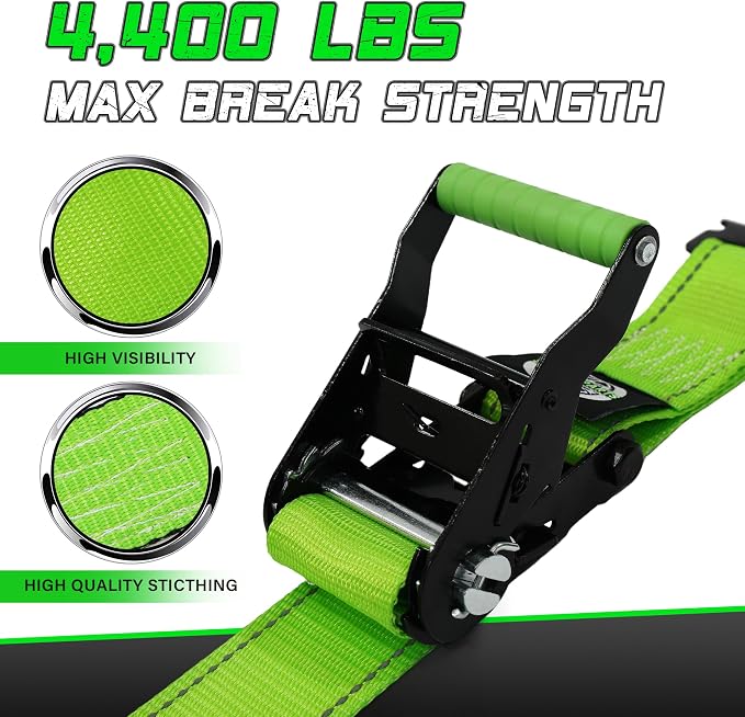 Heavy Duty Wheel Chock Tie Down Straps Set (2PK) - 4,400lb Guaranteed Max Break Strength, (2) 2" x 6' Trailer Tire Straps with (4) Wheel Chocks for ATV, UTV or Tractors
