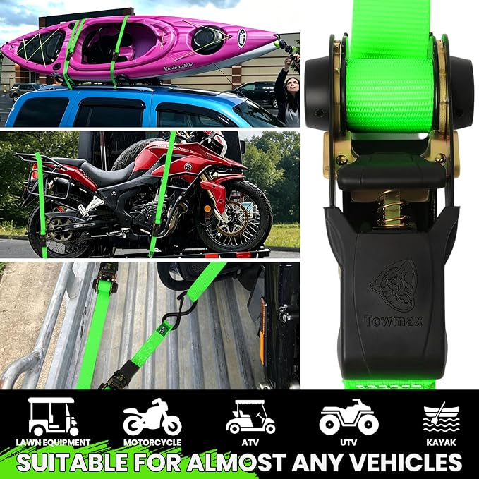 Ratchet Straps Medium Duty 4 Pack -1 Inch x 15 Feet (2,100LB Break Strength)- Motorcycle Tie Down Straps -Soft Loops Tie Downs- Ratchet Tie Down Set for Powersports, Motorcycle or Moving Cargo
