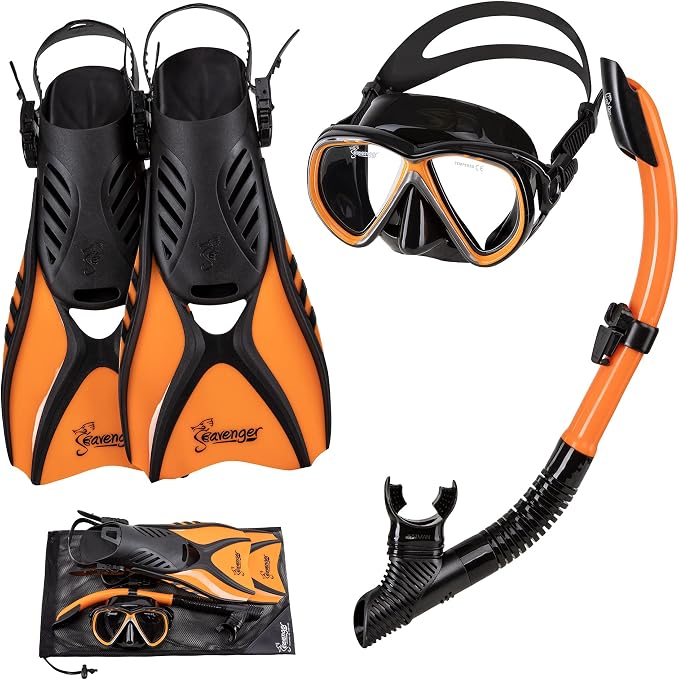 Seavenger Hanalei Anti-Fog 4-Piece Snorkeling Set with Soft-Flex Dry Snorkel, Adjustable Open-Heel Fins, Twin-Lens Mask, and Mesh Bag
