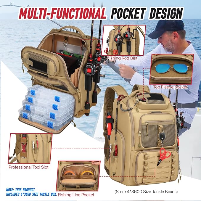 Fishing Tackle Backpack,Tackle Bag with 2 Rod Holders & 4 Tackle Boxes,Water-Resistant Large Storage Fishing Gear and Equipment, Fisher Gifts for Men, Khaki