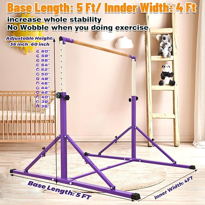 MARFULA 4FT/5FT Gymnastic Bar Set Gymnastics Kip Bar with 5 Ft Length 4Ft Inner Width 5ft Adjust Height Gymnastics Training Bar Equipment for Kids Professional Training Home and Club Use