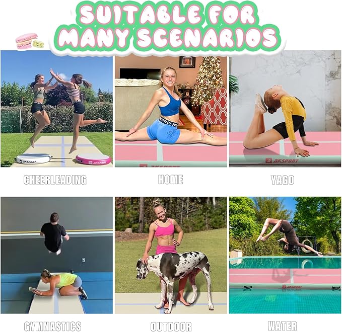 AKSPORT Inflatable Gymnatsics Mat Tumble Track 10ft 13ft 16ft 20ft 23ft Air Tumbling Mat with Air Pump for Home Use/Training/Cheerleading/Yoga