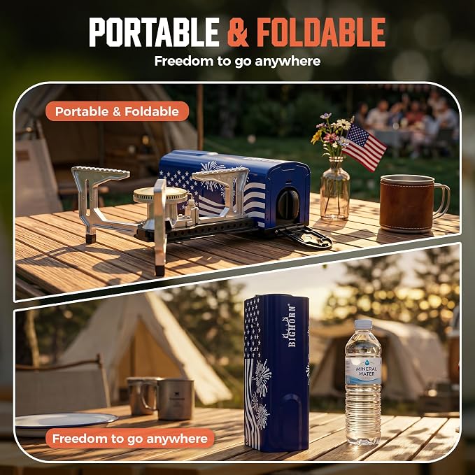 BIG HORN OUTDOORS Butane Camping Stove, Portable Folding Gas Burner with Carry Bag for Camping, Emergency Use, Outdoor Cooking & 4th of July Parties