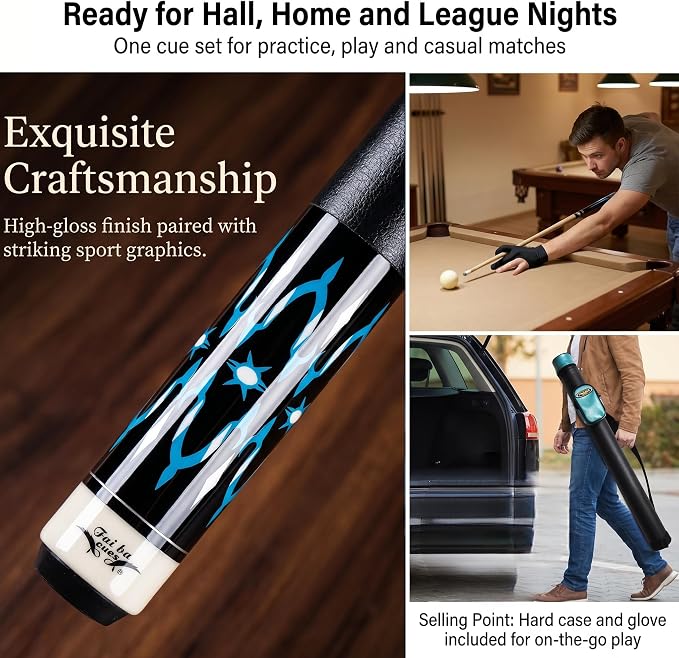 Tai ba cues 2-Piece Pool cue Stick + Hard Case, 13mm Tip, 58", Hardwood Canadian Maple Professional Billiard Pool Cue Stick 18,19,20,21,22 Oz Pool Stick (Selectable)-Blue, Black, Red, Gray, Green