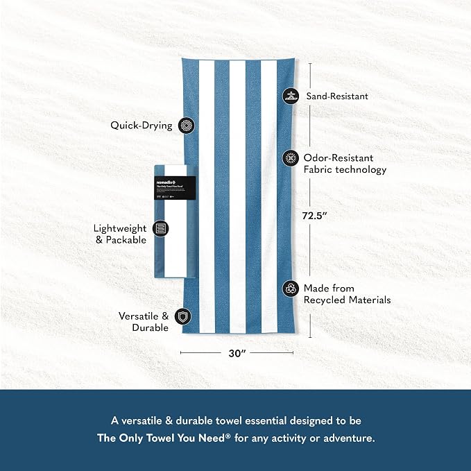 Nomadix Original Towel - Perfect for Beach, Pool, Travel, Camping, Yoga - Made with Recycled Materials - Super Absorbent - Sand Resistant - Classic Cabana Navy - 72.5x30