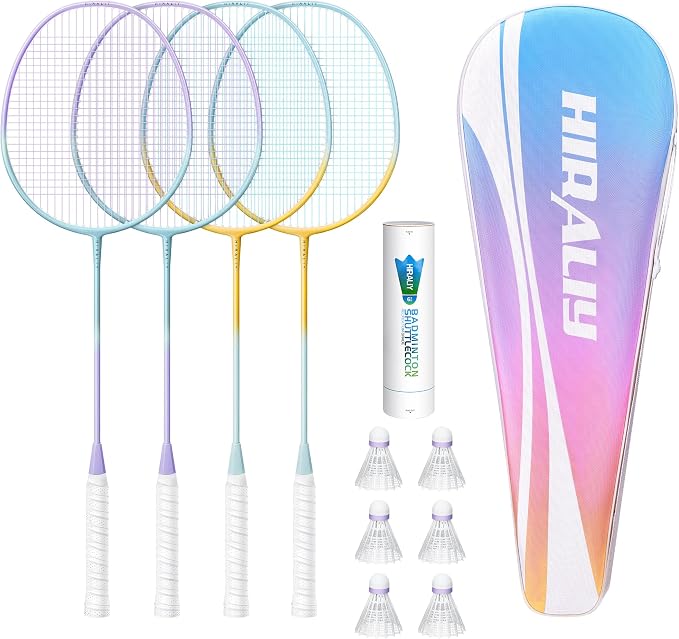 HIRALIY Badminton Rackets Set for Backyards, Badminton Set, Includ 2/4 Rackets, 6/12 Birdies, 1 Carrying Bag, Outdoor Game for Adult Family Beginner