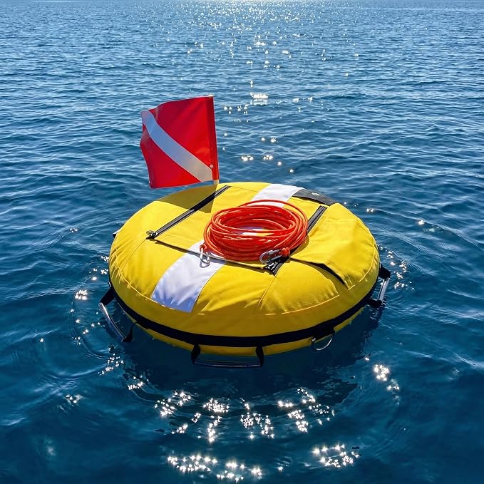 Dive Float Buoy with Flag, Yellow and White, Inflatable Safety Marker with Rope
