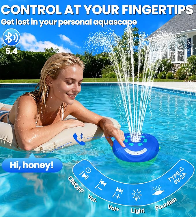 Luxfero 3 in 1 Floating Pool Fountain with Lights&Speaker, Pool Fountains for Inground Pools, Floating Bluetooth Speaker, Pool Speakers Bluetooth Waterproof IP68,Above Ground Pool Water Fountain-Blue