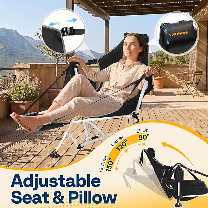VIVOHOME Hammock Camping Chair with Removable Footrest, Portable Outdoor Swinging Rocking Chairs for Adults with Adjustable Pillow, Back and Height for Travelling,Backyard, Patio, Supports 400 lbs
