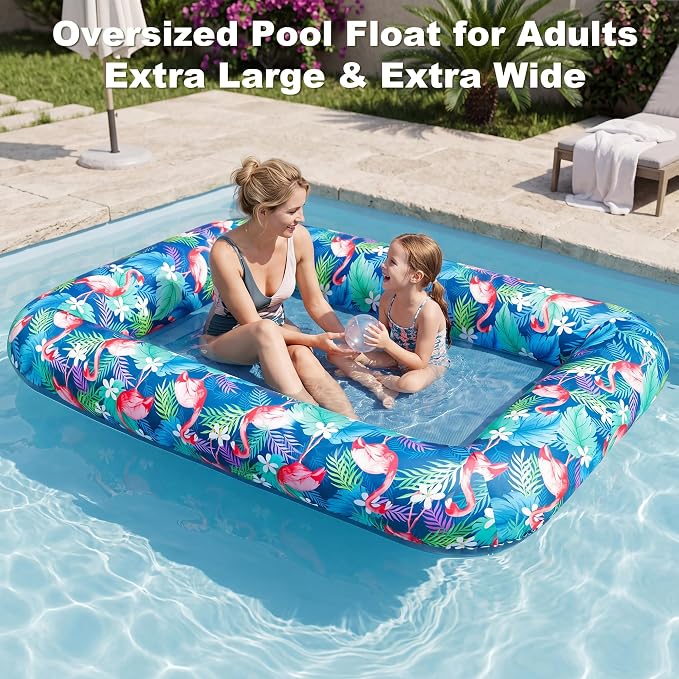 FindUWill Oversized Pool Float Lounge, 72" X 37" Extra Large Fabric-Covered Pool Floats for Adults, Inflatable Contour Lounger with Headrest Ultra-Comfort Cooling Pool Raft (XL, Monstera)