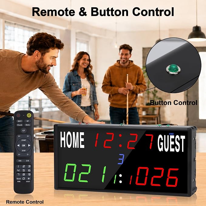 LED Electronic Scoreboard Digital Score Keeper with Remote/Timer/Shot Clock,Portable Basketball Scoreboard with 40-Foot Remote Control ,100FT VISIBLE,24H Clock,Score History,6 Brightness,3 Placements