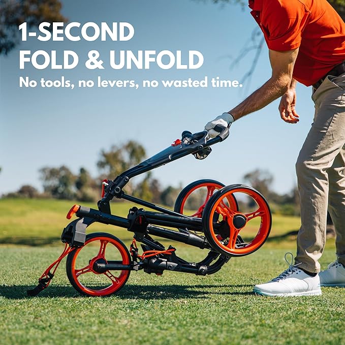 Qwik-Fold 3-Wheel Golf Push Cart with Foot Brake – 1-Second Fold & Unfold Folding Golf Trolley, Lightweight Aluminum Frame, Adjustable Handle, Ball-Bearing Wheels, Umbrella Holder & Storage