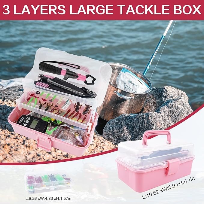 3-Layer Pink Fishing Tackle Box with Tackle Included, Fishing Tools Kit Includes Pliers Fish Lip Gripper Scale Crankbait Spinnerbaits Soft Baits Hooks, Ideal Gift for Angler Saltwater Freshwater