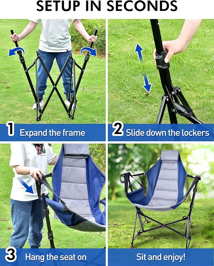 Docusvect Hammock Camping Chair - 3 Heights Portable Hammock Chair Camping with Adjustable Backrest, Headrest, Padded Seat, Cup Holder - 450 LBS Heavy Duty