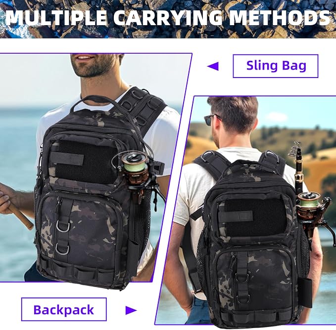 Jaylene 16.5Inch Fishing Backpack with Tackle Boxes, Fishing Backpack with Rod Holder, Waterproof Sling Tackle Bag For Gear With Lures, Pliers, Fish Lip Gripper Gifts for Men（103PCS Tool Kit）