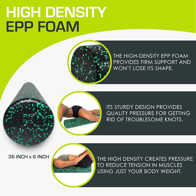 ProsourceFit High Density Foam Rollers 36 - inches long, Firm Full Body Athletic Massage Tool for Back Stretching, Yoga, Pilates, Post Workout Muscle Recuperation, Black/Green