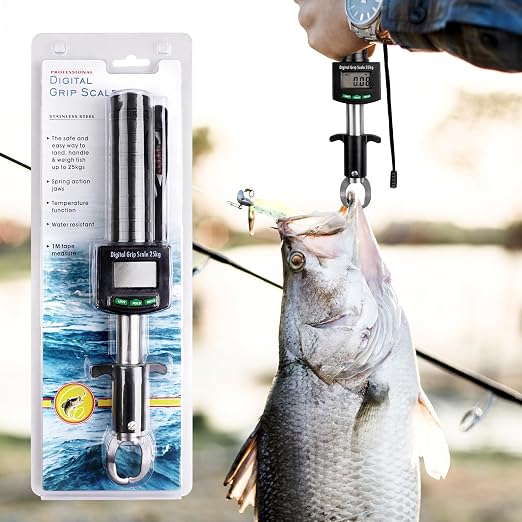 AGOOL Fish Gripper with Digital Fish Scale, 50lb/25kg Loading Capacity Fish Lip Grip Memory Function Fishing Scale Stainless Steel Fish Lip Gripper