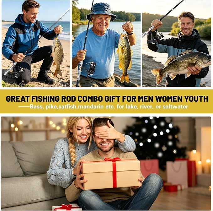 Fishing Pole Kit, Carbon Fiber Telescopic Fishing Rod and Reel Combo with Spinning Reel, Line, Bionic Bait, Hooks and Carrier Bag, Fishing Gear Set for Beginner Adults