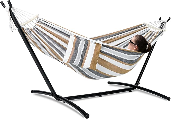 GAFETE Double Hammock with Stand for Outside, Upgraded Spreader Bar, Heavy Duty Space Saving Steel Stand 2 Person, Convenient Pockets, Easy Assembly, 600lbs Weight Capacity, Indoor & Outdoor (Coffee)