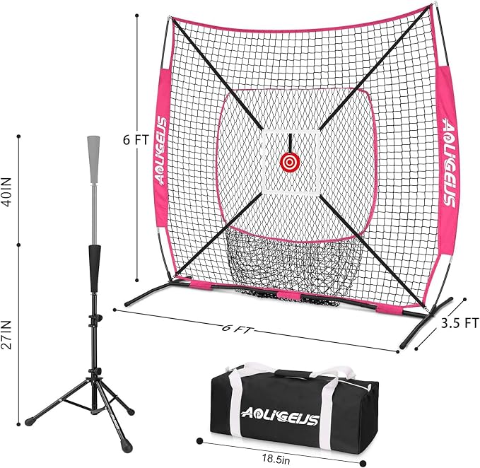6'X6' Baseball Softball Practice Net,Pitching Net,Batting Net,with Bonus Strike Zone,Target and Bow Frame,for Hitting,Pitching,Catching