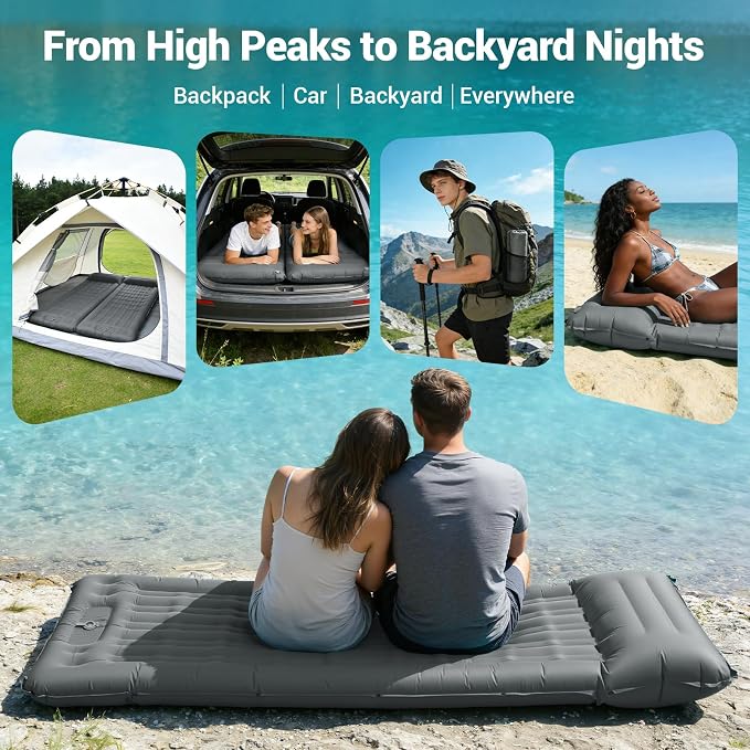 Inflatable Camping Sleeping Pad with 8 in Pillow, Thick 4.7 Inch Ultralight Camping Pad with Built-in Pump, Compact Self Inflating Sleeping Pad for Backpacking Hiking Travel Tent