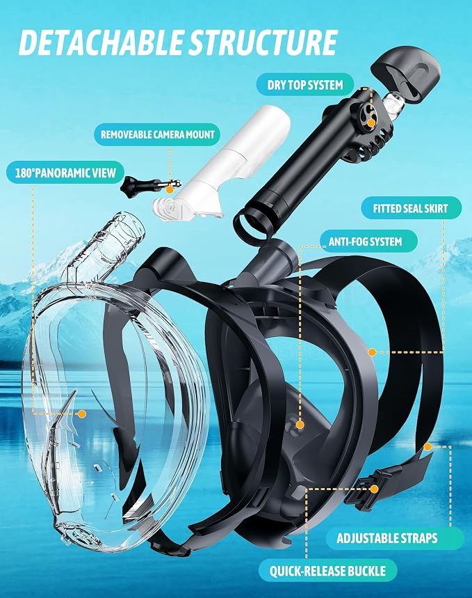Full Face Snorkel Mask for Adults, 180° Panoramic Anti-Fog Snorkeling Gear with Dry Top System & Camera Mount, Foldable Anti-Leak Design for Travel, Swimming & Ocean Snorkeling