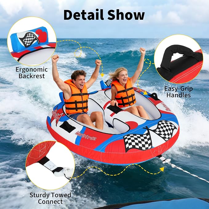 Towable Tube for Boating, 1–2 Person Inflatable Towable Tube with Quick Connect, Heavy Duty 840D Nylon Water Tube for Lake & Water Sports