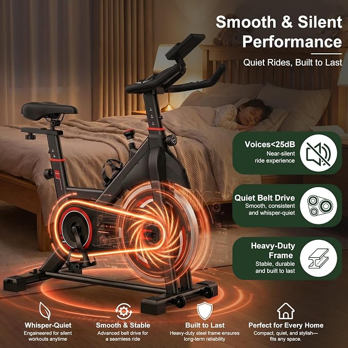 Exercise Bike with APP, Stationary Bike for Home, Workout Bike for Adults & Seniors, Indoor Cycling Bike with Adjustable Resistance, Low Noise, Easy Assembly, 265LB Weight Capacity