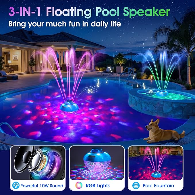 Bluetooth Pool Speaker w/Colorful Pool Fountain Light, 3 in 1 Floating Pool Speaker Loud Sound, IP68 Waterproof Floating Hot Tub Speakers, Bluetooth 5.4, 24H Playtime Pool Wireless Speakers